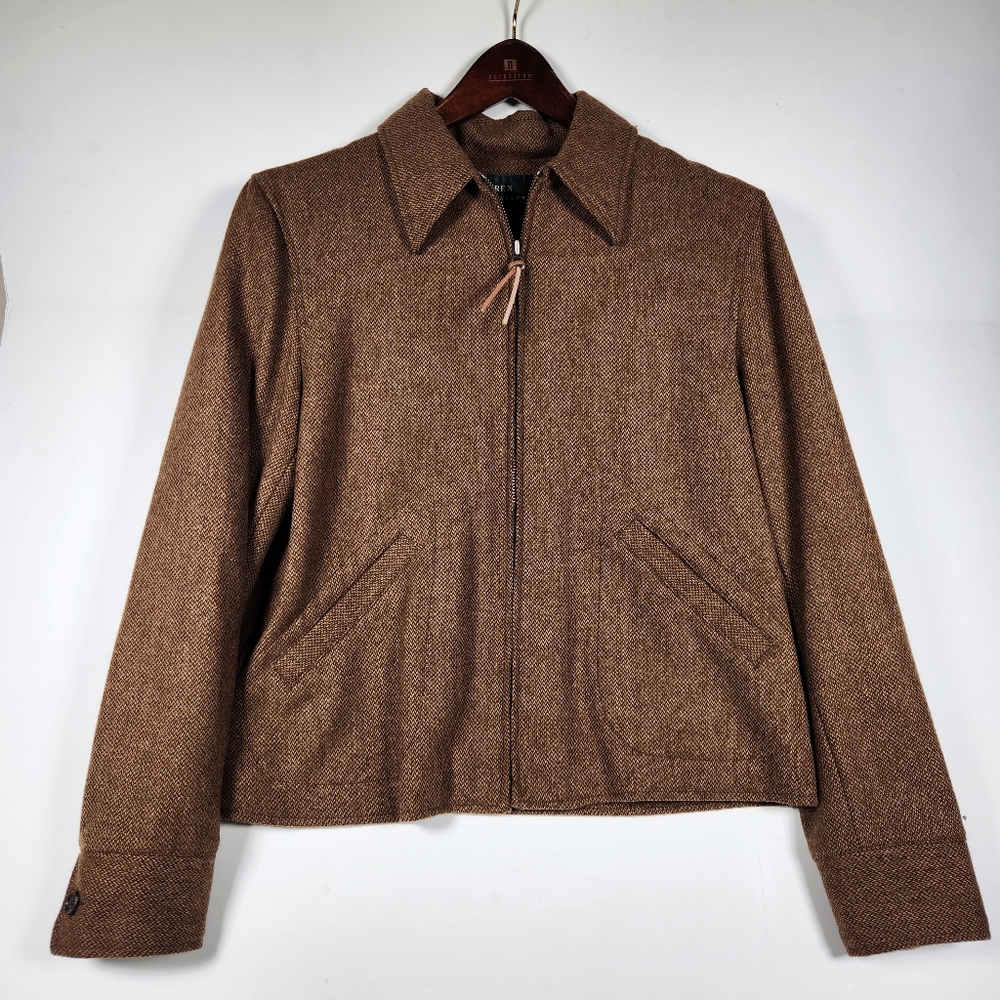 Lauren Ralph Lauren 100% Lambswool Brown Herringbone Tweed Full Zip Jacket Sz 8